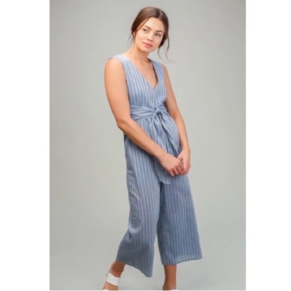 Lumiere Blue Stripes Tie Front Wide Leg Cropped Jumpsuit